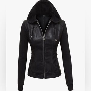 Hooded Faux Leather Jacket Moto Biker Coat -black/black